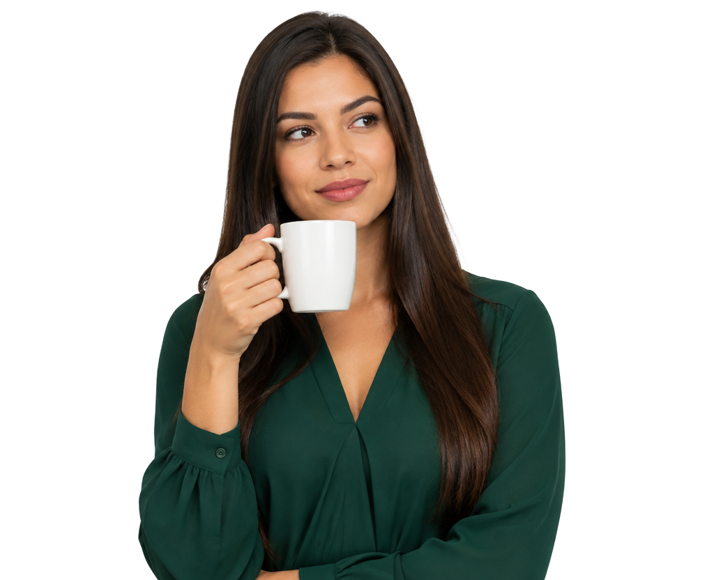 Mulher tranquila segurando uma caneca de café